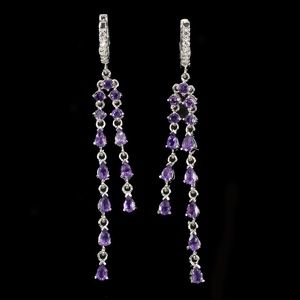 Purple Amethyst & CZ 925 Silver Drop Earrings New